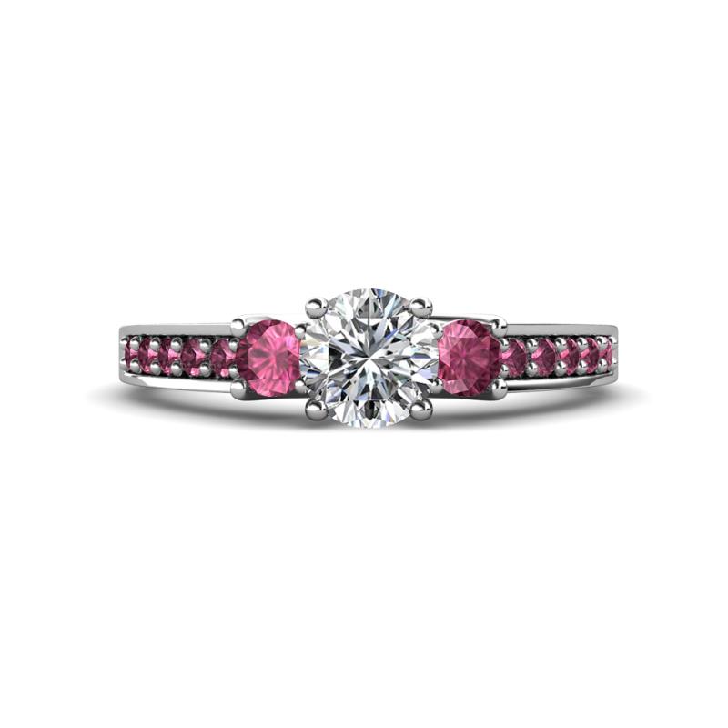 Valene Diamond and Pink Tourmaline Three Stone with Side Pink Tourmaline Ring 