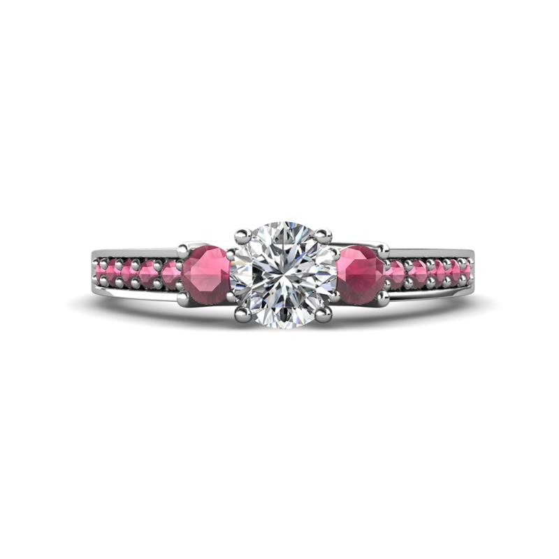 Valene Diamond and Rhodolite Garnet Three Stone with Side Rhodolite Garnet Ring 