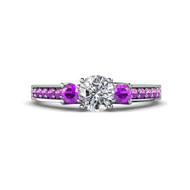 Valene Diamond and Amethyst Three Stone with Side Amethyst Ring 