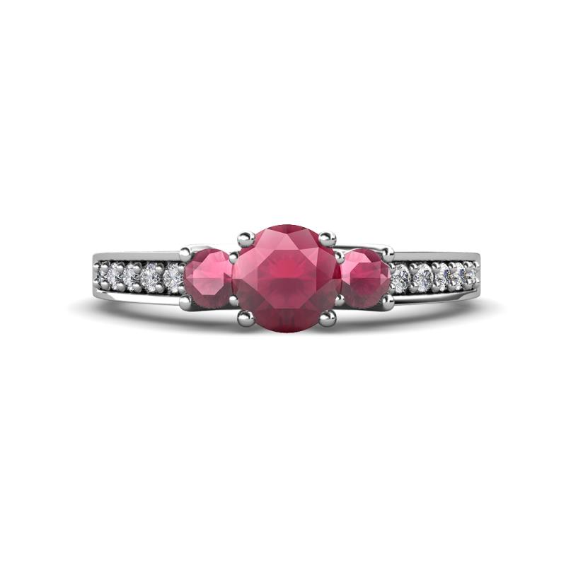 Valene Rhodolite Garnet Three Stone with Side Diamond Ring 