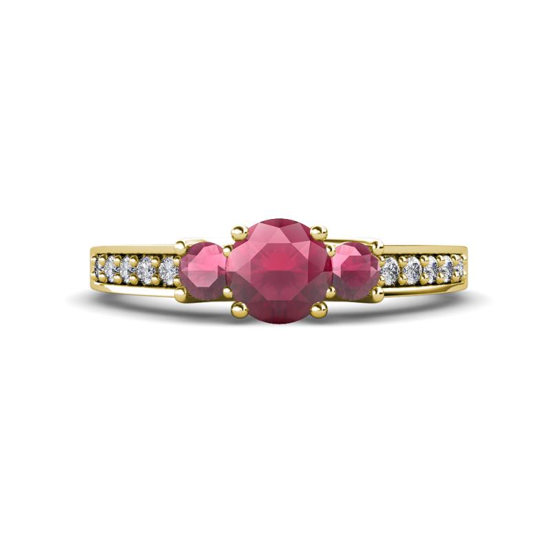 Valene Rhodolite Garnet Three Stone with Side Diamond Ring 