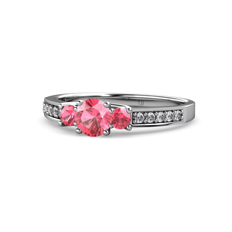 Valene Pink Tourmaline Three Stone with Side Diamond Ring 