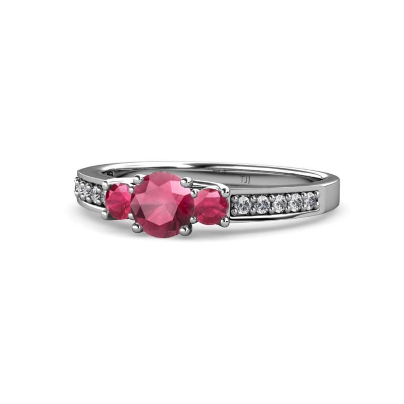 Valene Rhodolite Garnet Three Stone with Side Diamond Ring 