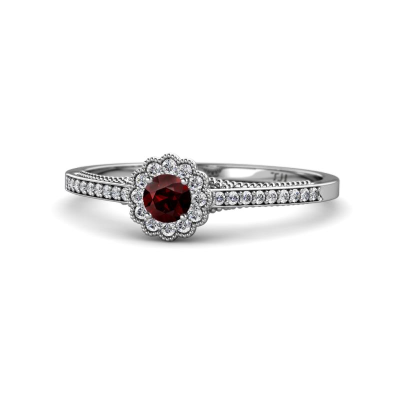 Jesenia Prima Round Red Garnet and Diamond 0.50 ctw Floral Halo Promise Ring 