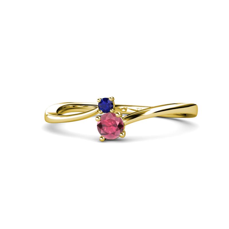 Lucie 4.10 mm Bold Round Blue Sapphire and Rhodolite Garnet 2 Stone Promise Ring 