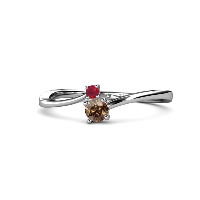 Lucie 4.10 mm Bold Round Ruby and Smoky Quartz 2 Stone Promise Ring 