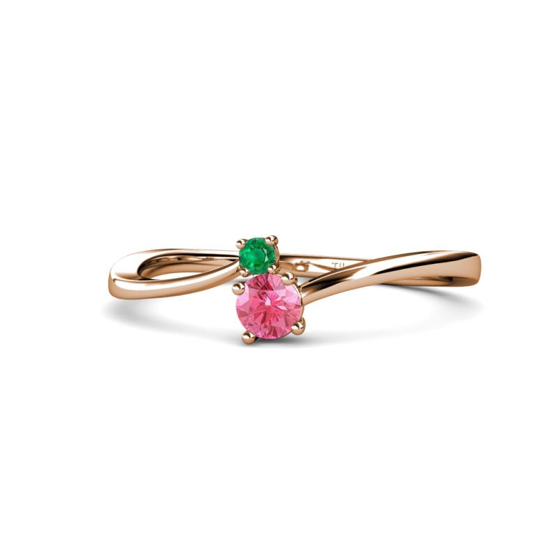 Lucie 4.10 mm Bold Round Emerald and Pink Tourmaline 2 Stone Promise Ring 
