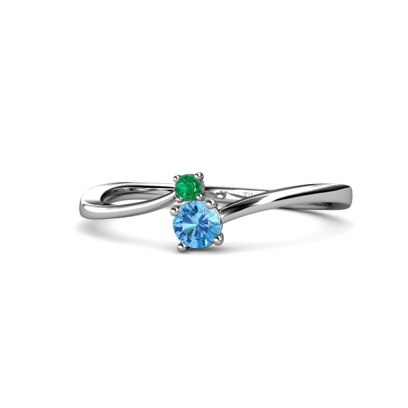 Lucie 4.10 mm Bold Round Emerald and Blue Topaz 2 Stone Promise Ring 
