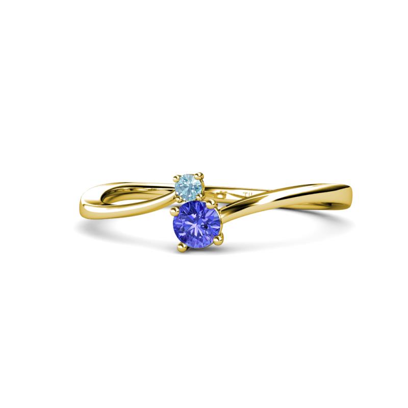 Lucie 4.10 mm Bold Round Aquamarine and Tanzanite 2 Stone Promise Ring 