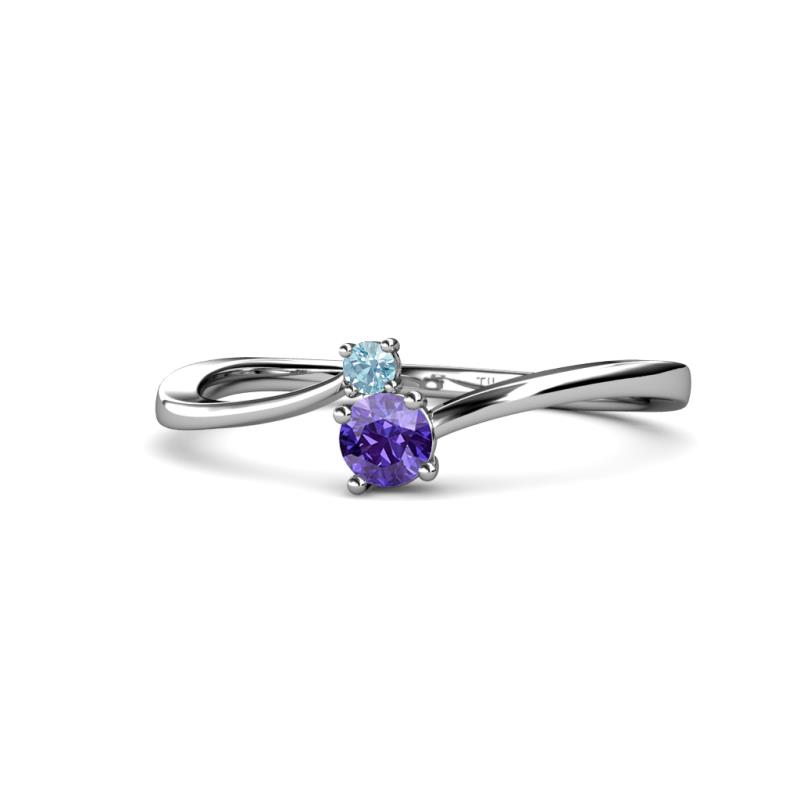 Lucie 4.10 mm Bold Round Aquamarine and Iolite 2 Stone Promise Ring 