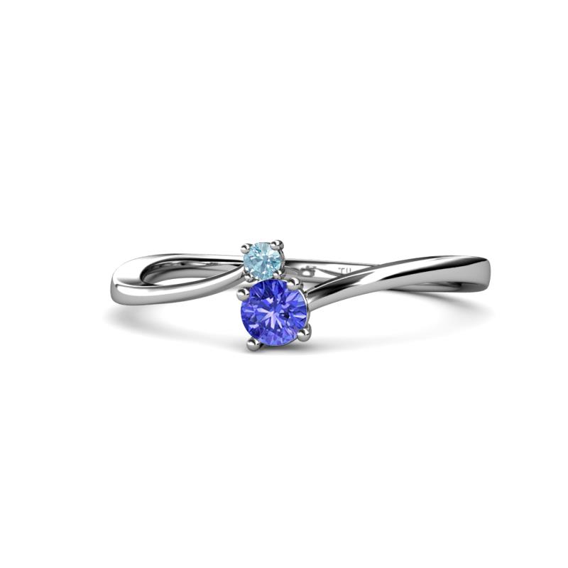 Lucie 4.10 mm Bold Round Aquamarine and Tanzanite 2 Stone Promise Ring 