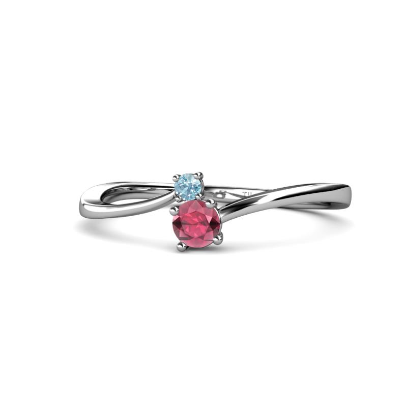 Lucie 4.10 mm Bold Round Aquamarine and Rhodolite Garnet 2 Stone Promise Ring 