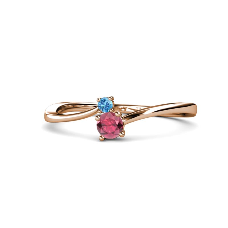 Lucie 4.10 mm Bold Round Blue Topaz and Rhodolite Garnet 2 Stone Promise Ring 