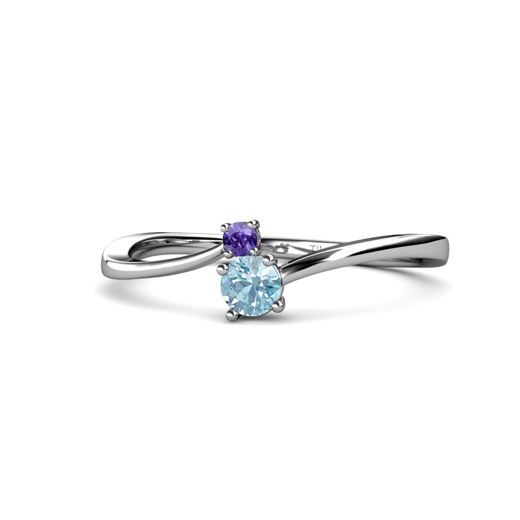 Lucie 4.10 mm Bold Round Iolite and Aquamarine 2 Stone Promise Ring 