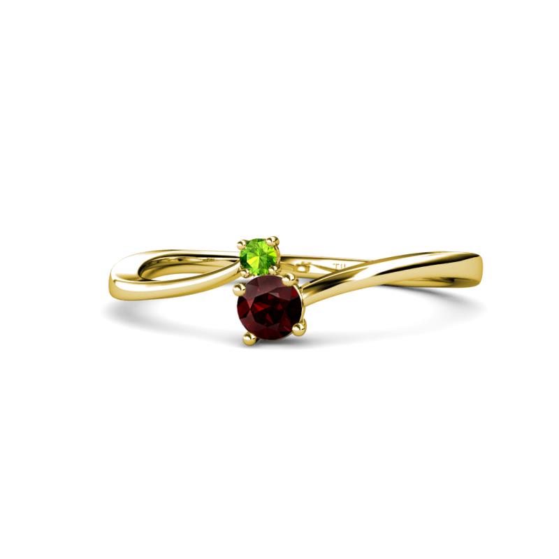 Lucie 4.10 mm Bold Round Peridot and Red Garnet 2 Stone Promise Ring 