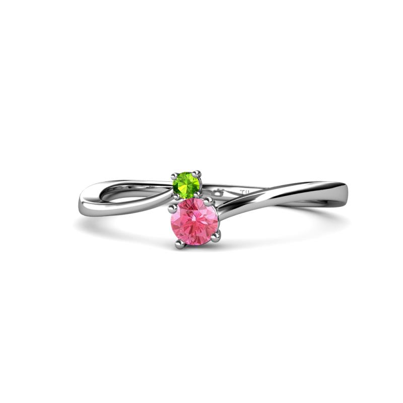 Lucie 4.10 mm Bold Round Peridot and Pink Tourmaline 2 Stone Promise Ring 
