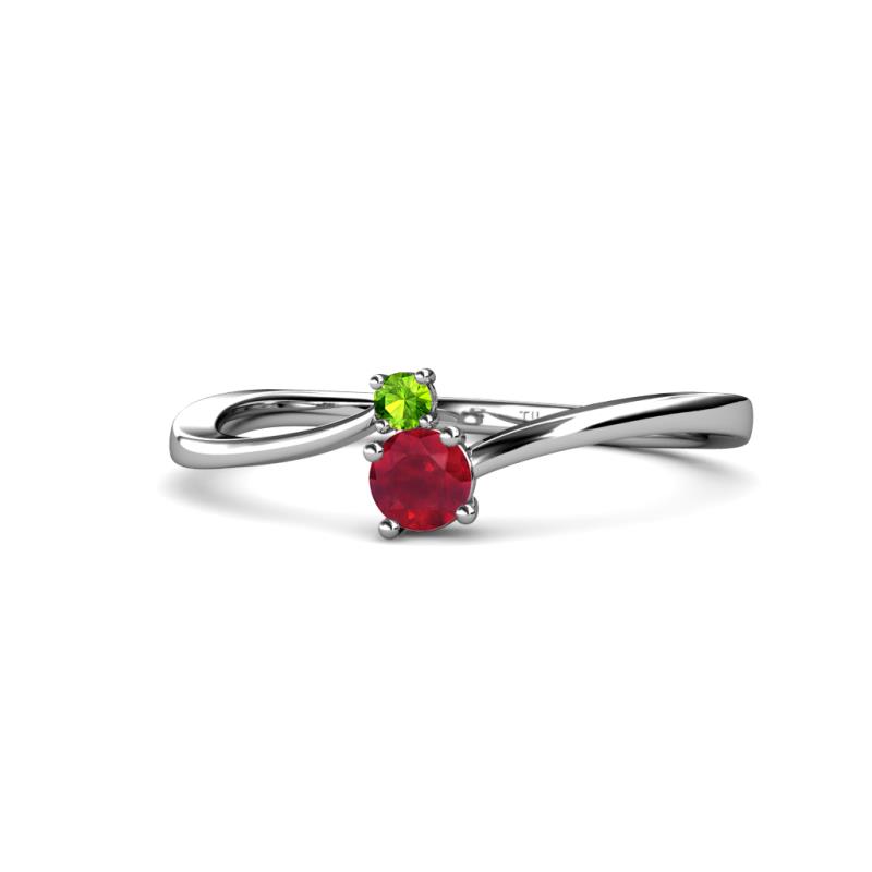 Lucie 4.10 mm Bold Round Peridot and Ruby 2 Stone Promise Ring 