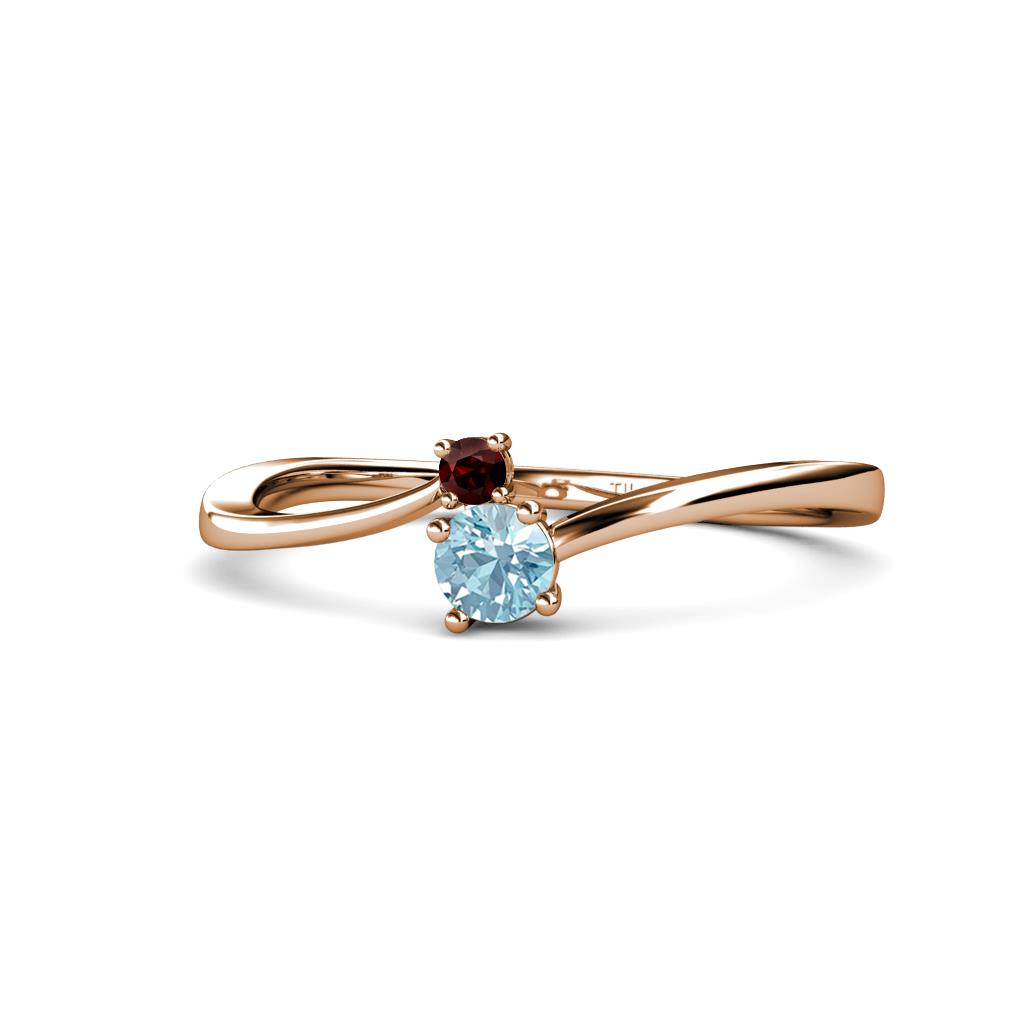 Lucie 4.10 mm Bold Round Red Garnet and Aquamarine 2 Stone Promise Ring 