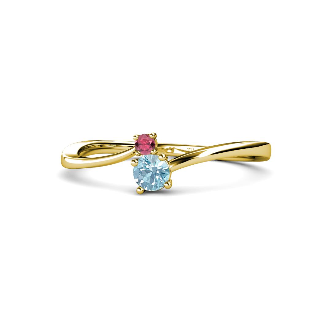 Lucie 4.10 mm Bold Round Rhodolite Garnet and Aquamarine 2 Stone Promise Ring 