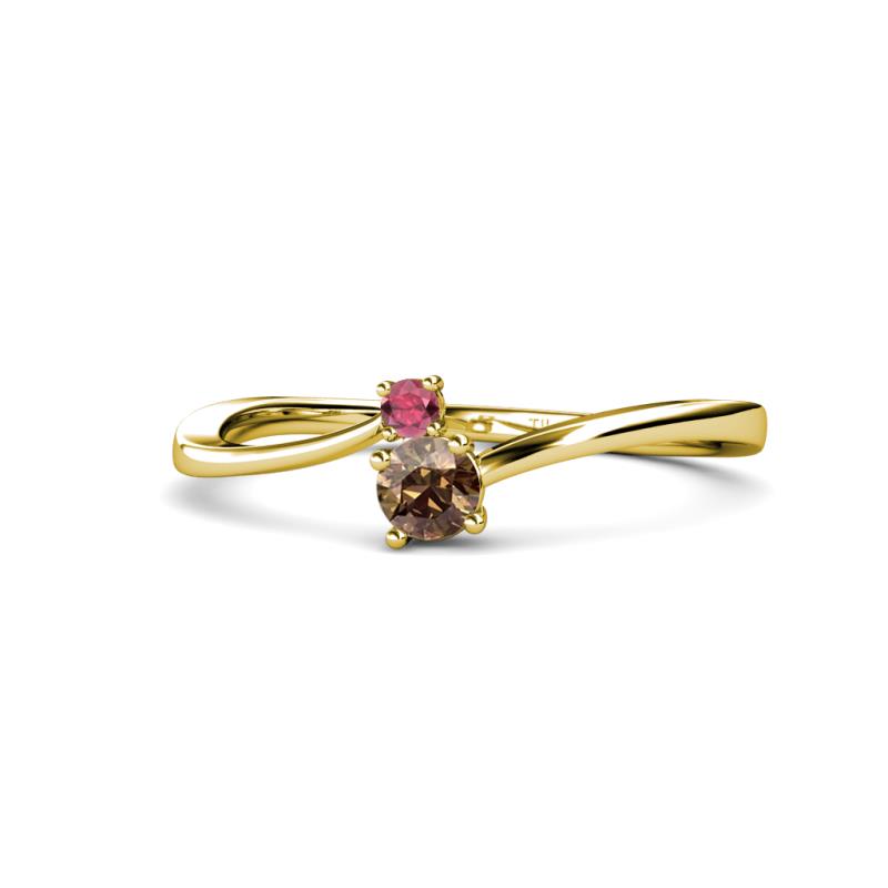 Lucie 4.10 mm Bold Round Rhodolite Garnet and Smoky Quartz 2 Stone Promise Ring 