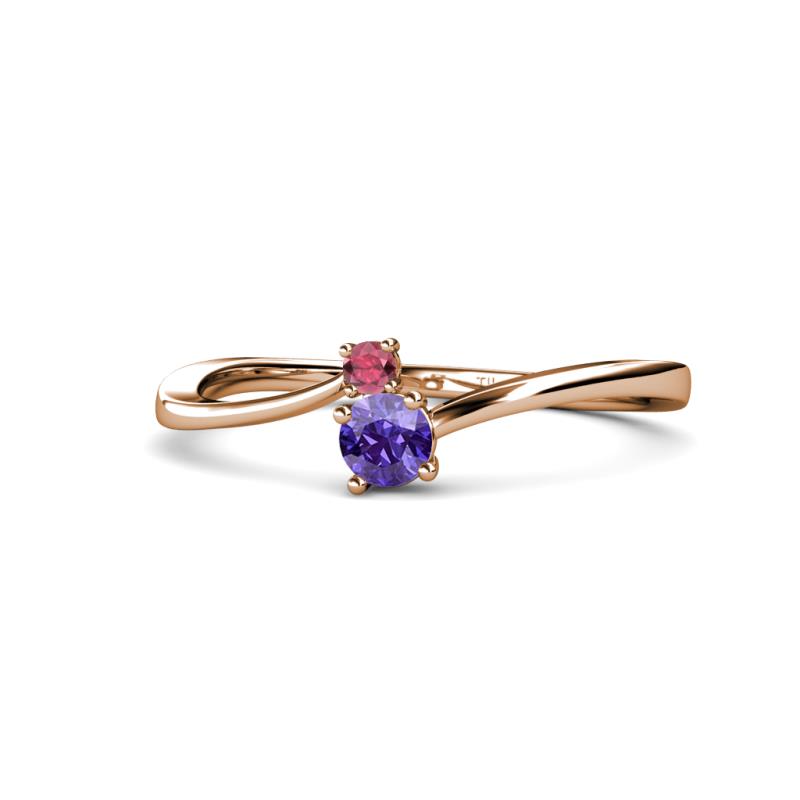 Lucie 4.10 mm Bold Round Rhodolite Garnet and Iolite 2 Stone Promise Ring 