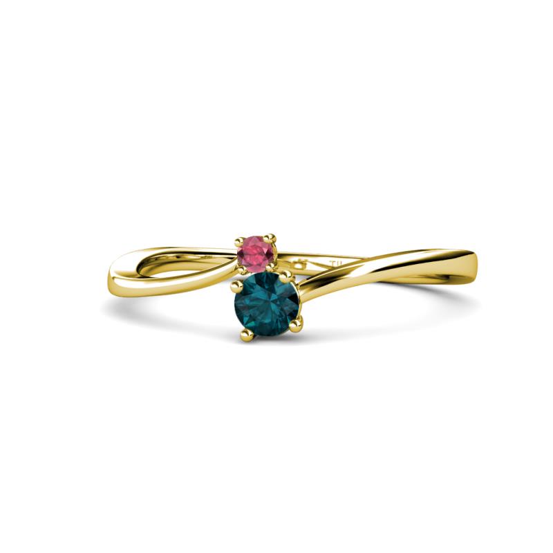 Lucie 4.10 mm Bold Round Rhodolite Garnet and London Blue Topaz 2 Stone Promise Ring 