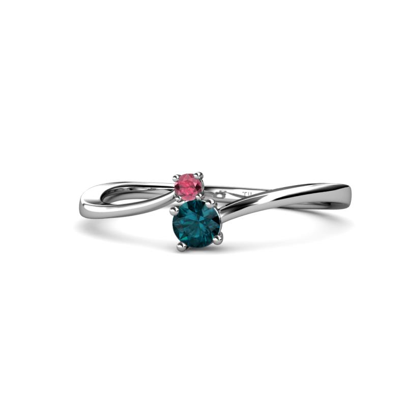 Lucie 4.10 mm Bold Round Rhodolite Garnet and London Blue Topaz 2 Stone Promise Ring 