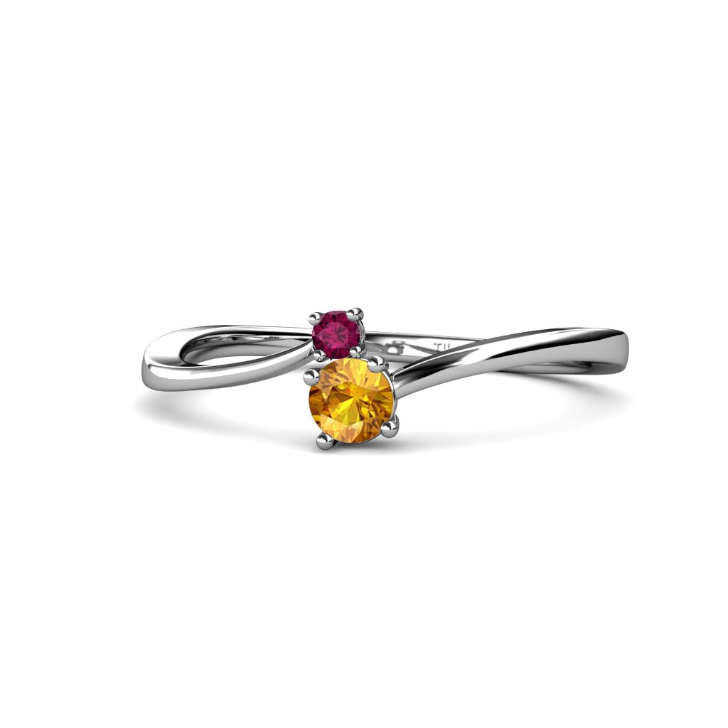 Lucie 4.10 mm Bold Round Rhodolite Garnet and Citrine 2 Stone Promise Ring 