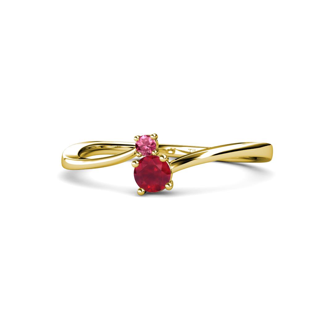 Lucie 4.10 mm Bold Round Pink Tourmaline and Ruby 2 Stone Promise Ring 
