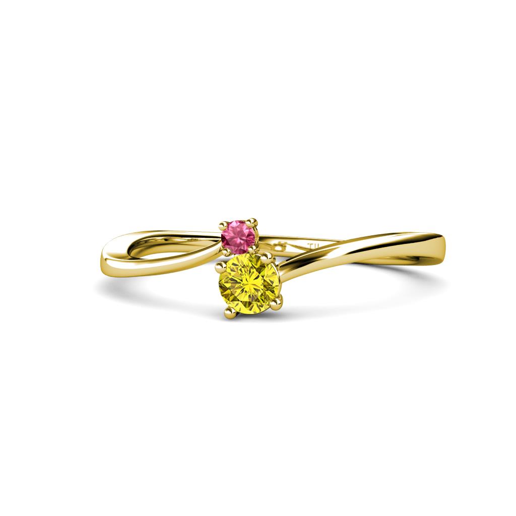 Lucie 4.10 mm Bold Round Pink Tourmaline and Yellow Diamond 2 Stone Promise Ring 
