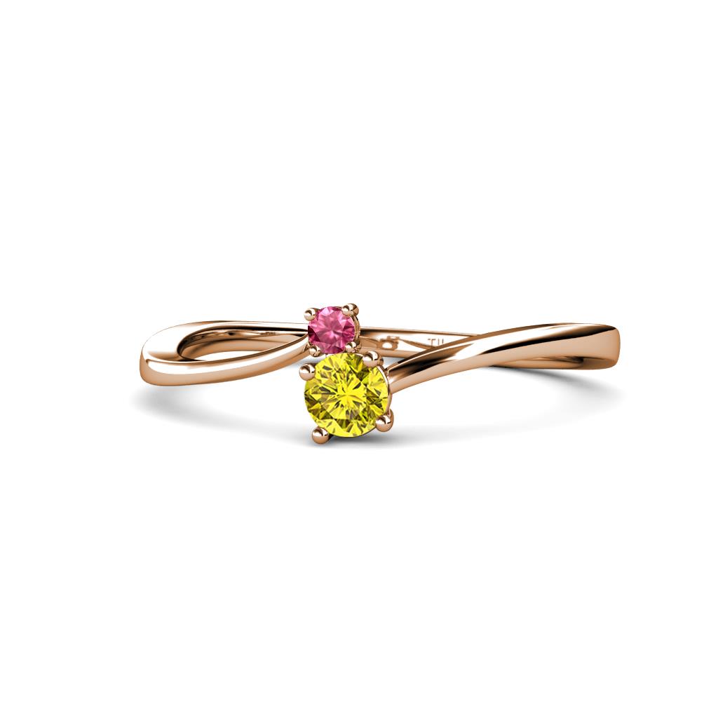 Lucie 4.10 mm Bold Round Pink Tourmaline and Yellow Diamond 2 Stone Promise Ring 