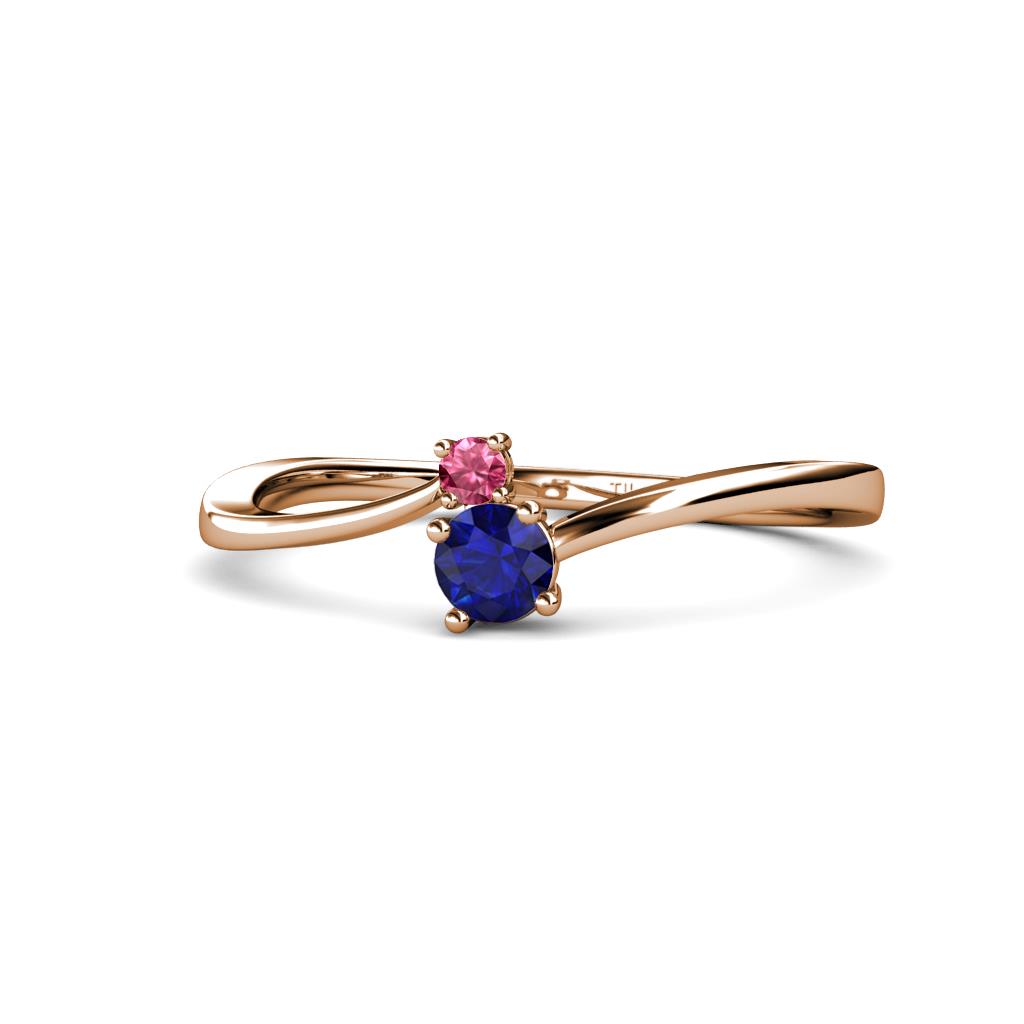 Lucie 4.10 mm Bold Round Pink Tourmaline and Blue Sapphire 2 Stone Promise Ring 