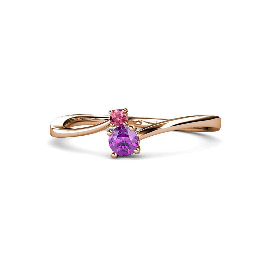 Lucie 4.10 mm Bold Round Pink Tourmaline and Amethyst 2 Stone Promise Ring 