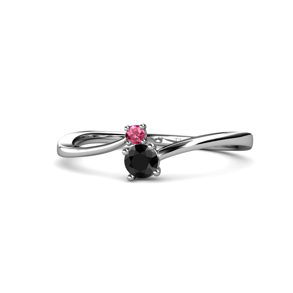 Lucie 4.10 mm Bold Round Pink Tourmaline and Black Diamond 2 Stone Promise Ring 