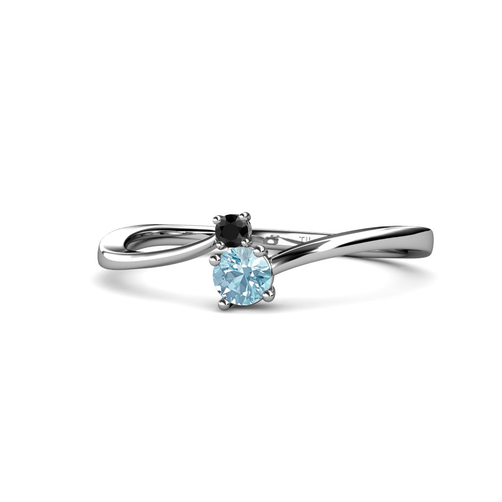 Lucie 4.10 mm Bold Round Black Diamond and Aquamarine 2 Stone Promise Ring 