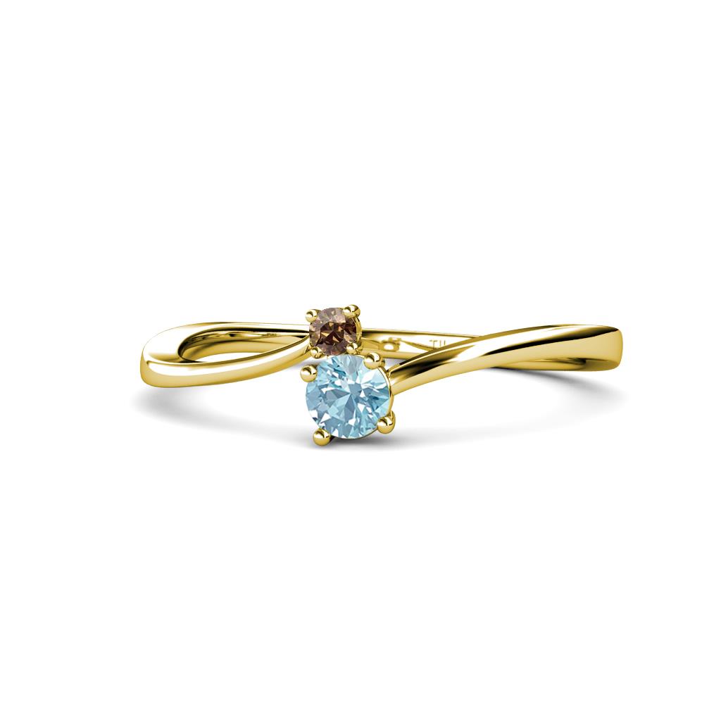 Lucie 4.10 mm Bold Round Smoky Quartz and Aquamarine 2 Stone Promise Ring 