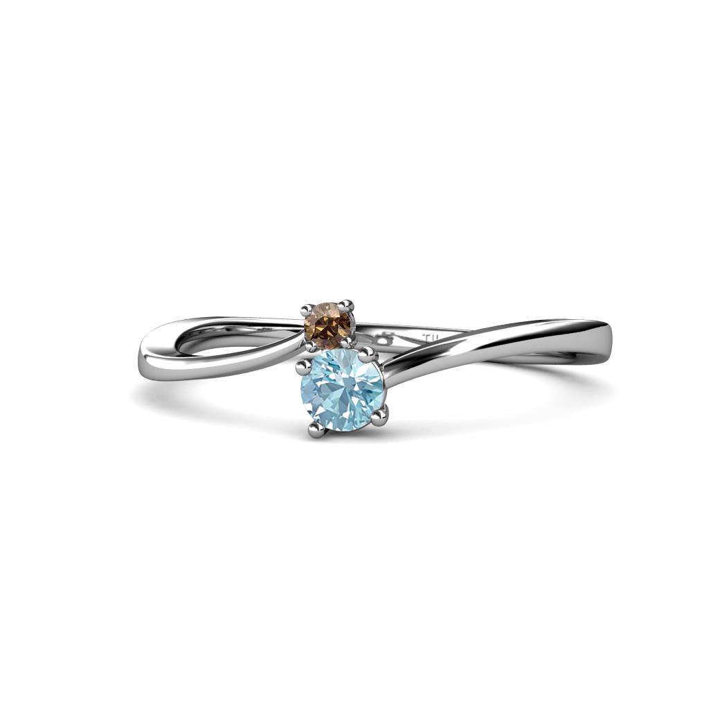 Lucie 4.10 mm Bold Round Smoky Quartz and Aquamarine 2 Stone Promise Ring 