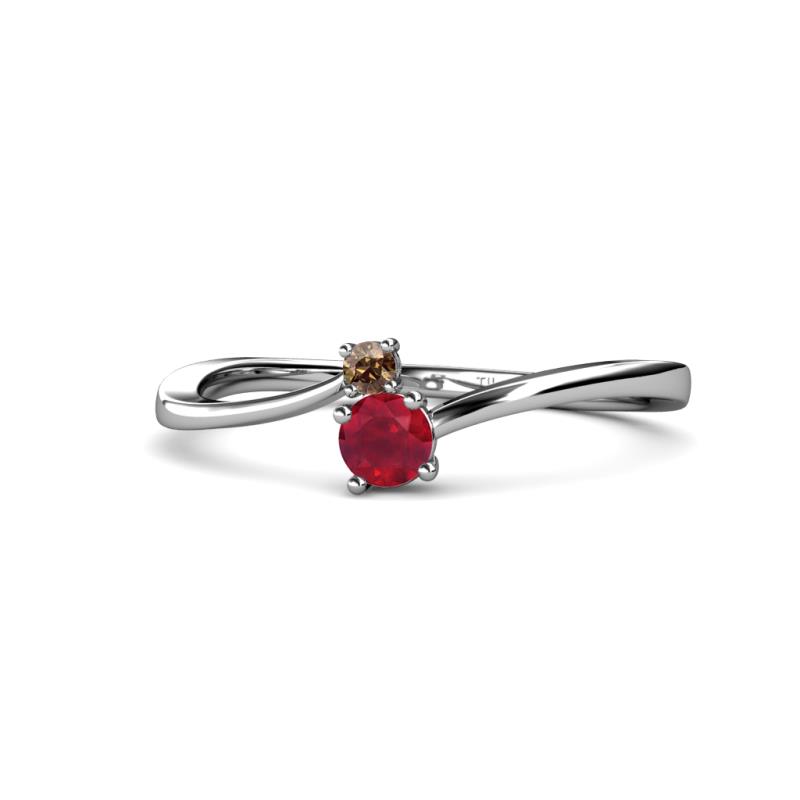Lucie 4.10 mm Bold Round Smoky Quartz and Ruby 2 Stone Promise Ring 