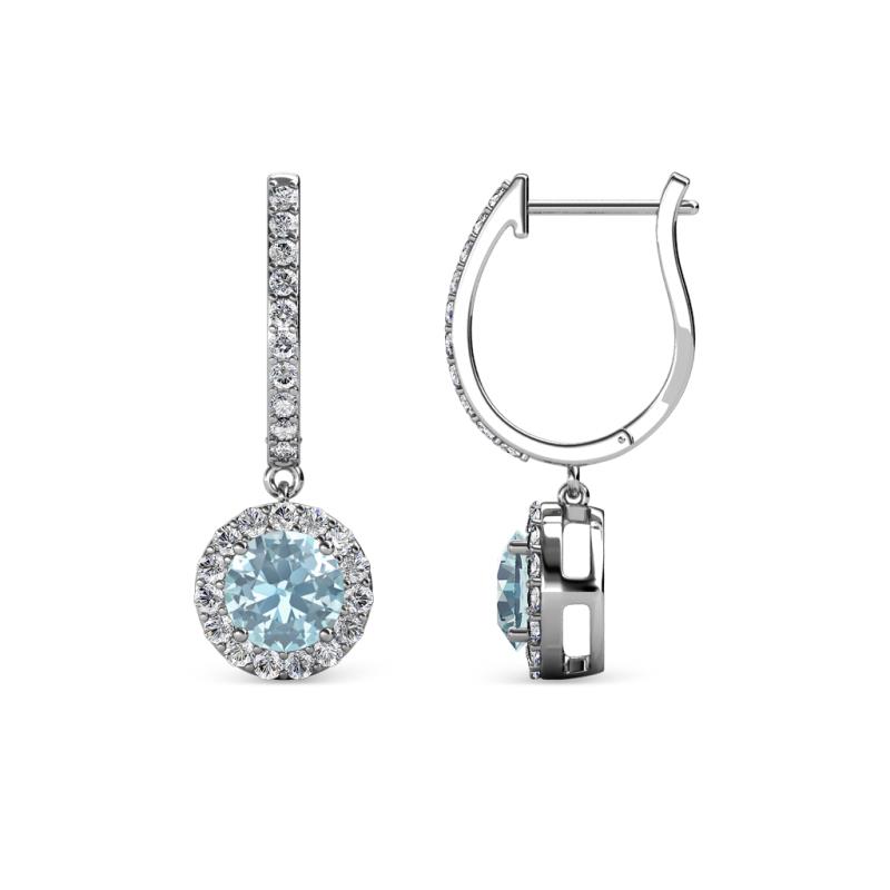 Ilona (5mm) Round Aquamarine and Diamond Halo Dangling Earrings 