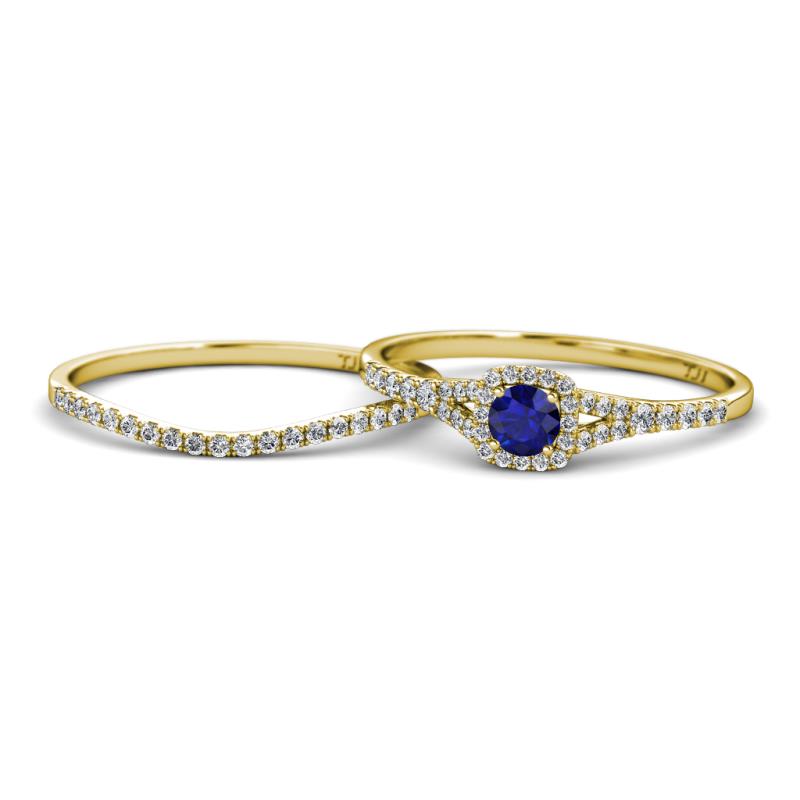 Avira Prima Round Blue Sapphire and Diamond Halo Bridal Set Ring 
