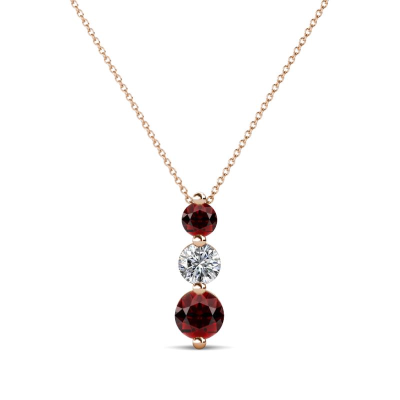 Kesha (3.4mm) Round Red Garnet and Diamond Graduated Three Stone Drop Pendant 