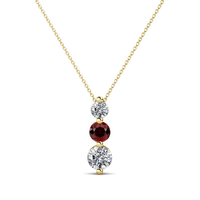 Kesha (3.4mm) Round Red Garnet and Diamond Graduated Three Stone Drop Pendant 
