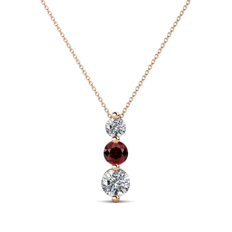 Kesha (3.4mm) Round Red Garnet and Diamond Graduated Three Stone Drop Pendant 