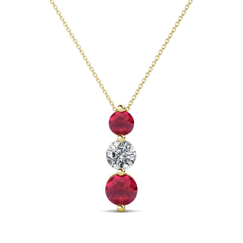 Kesha (4mm) Round Ruby and Diamond Graduated Three Stone Drop Pendant 
