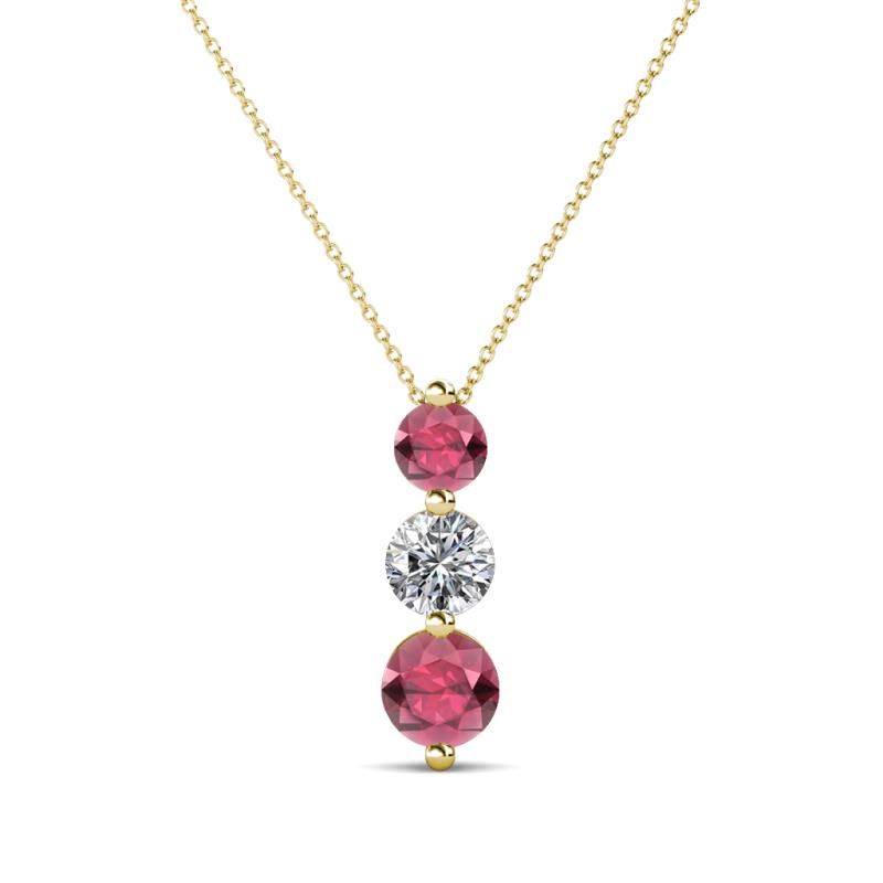 Kesha (4mm) Round Rhodolite Garnet and Diamond Graduated Three Stone Drop Pendant 