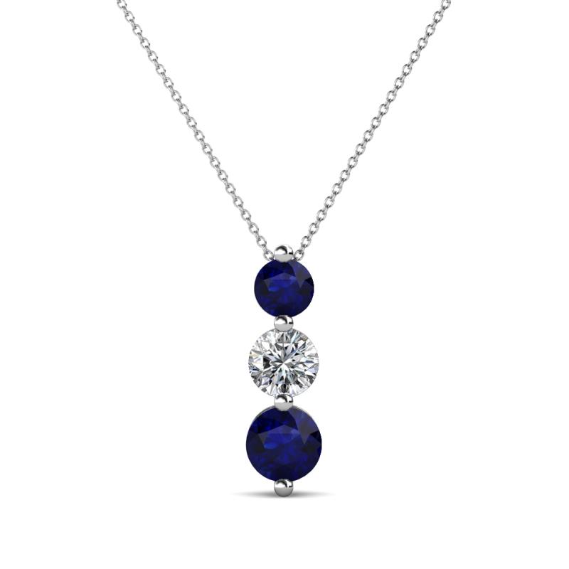 Kesha (4mm) Round Blue Sapphire and Diamond Graduated Three Stone Drop Pendant 