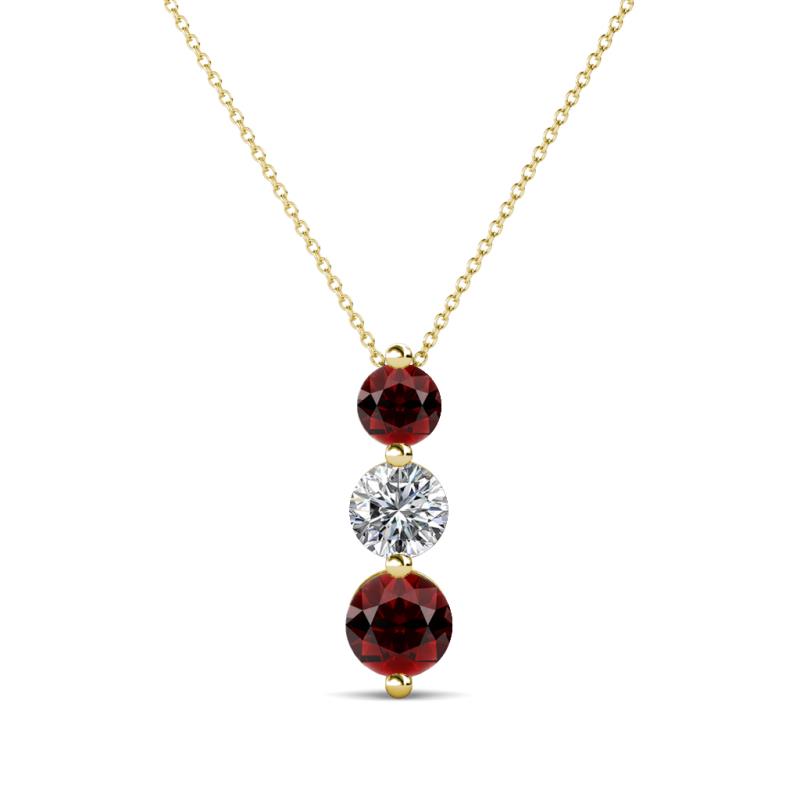 Kesha (4mm) Round Red Garnet and Diamond Graduated Three Stone Drop Pendant 