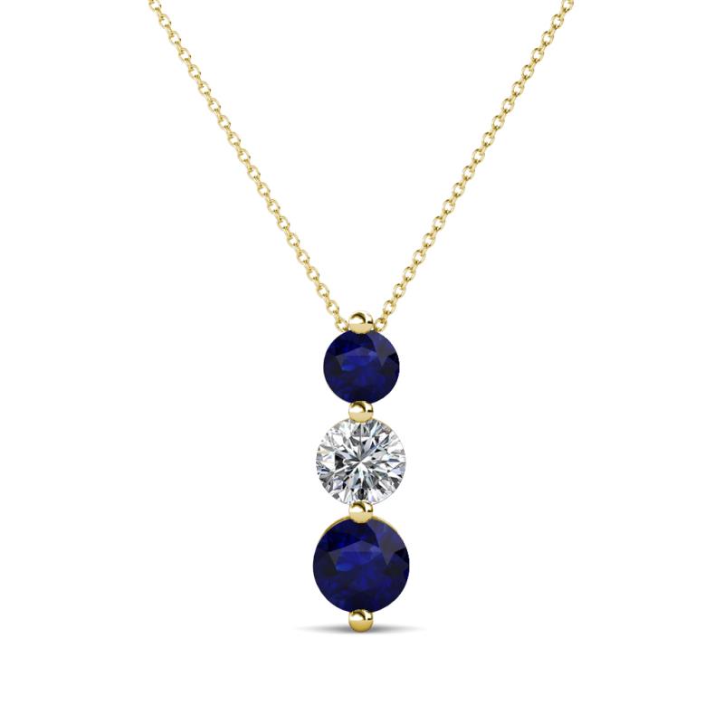 Kesha (4mm) Round Blue Sapphire and Diamond Graduated Three Stone Drop Pendant 