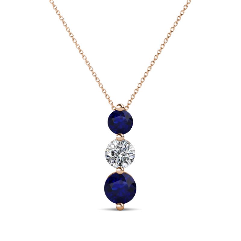 Kesha (4mm) Round Blue Sapphire and Diamond Graduated Three Stone Drop Pendant 