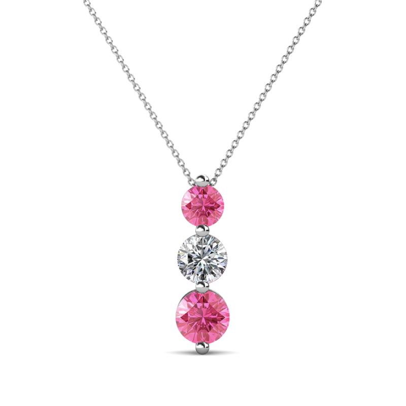 Kesha (4mm) Round Pink Tourmaline and Diamond Graduated Three Stone Drop Pendant 